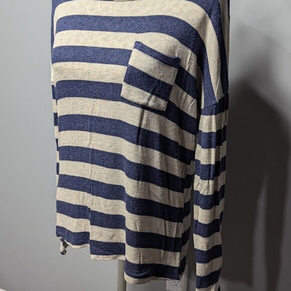 Forever 21 Tan/Navy Stripped Long Sleeve Top with pocket Women Medium - Picture 2 of 5